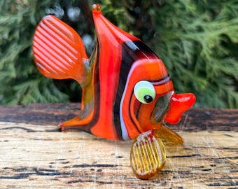 Orange Glass Fish Figurine, Hand-Blown Murano Style Miniature