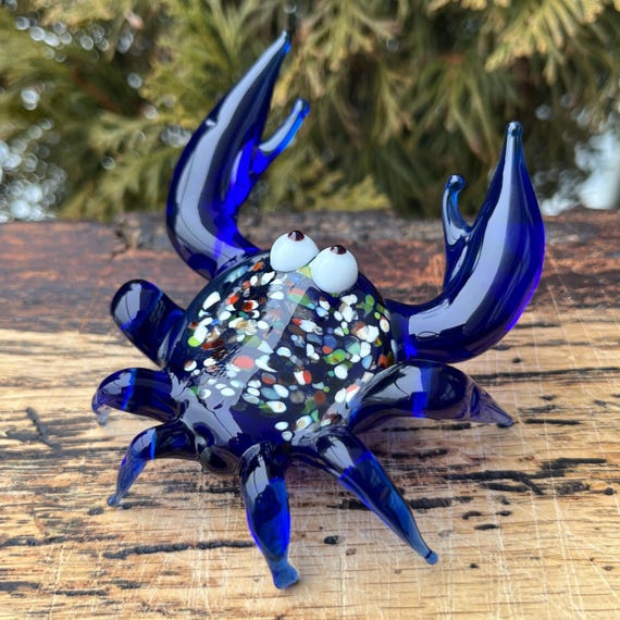 Blue Glass Crab Figurine – Hand Blown Murano Style Crab Sculpture – Ocean Decor – Crab Lover Gift