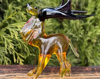 ガラスの鹿、吹きガラスの鹿の置物、ガラスの鹿の飾り、ガラスの鹿の