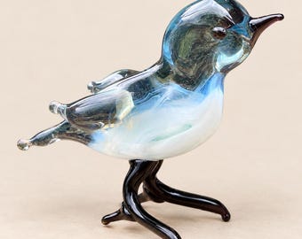 Blue Glass Bird Figurine – Hand Blown Murano Style Bird Sculpture – Shelf Decor – Bird Lover Gift