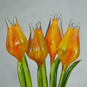 Orange Glass Tulip Flower Figurine, Hand Blown Glass Flower, Plant Pot & Garden Decor, Shelf Accent, Unique Floral Gift