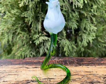 White Glass Rose Figurine with Stand – Hand Blown Flower Sculpture – Romantic Gift – Elegant Desk Decor
