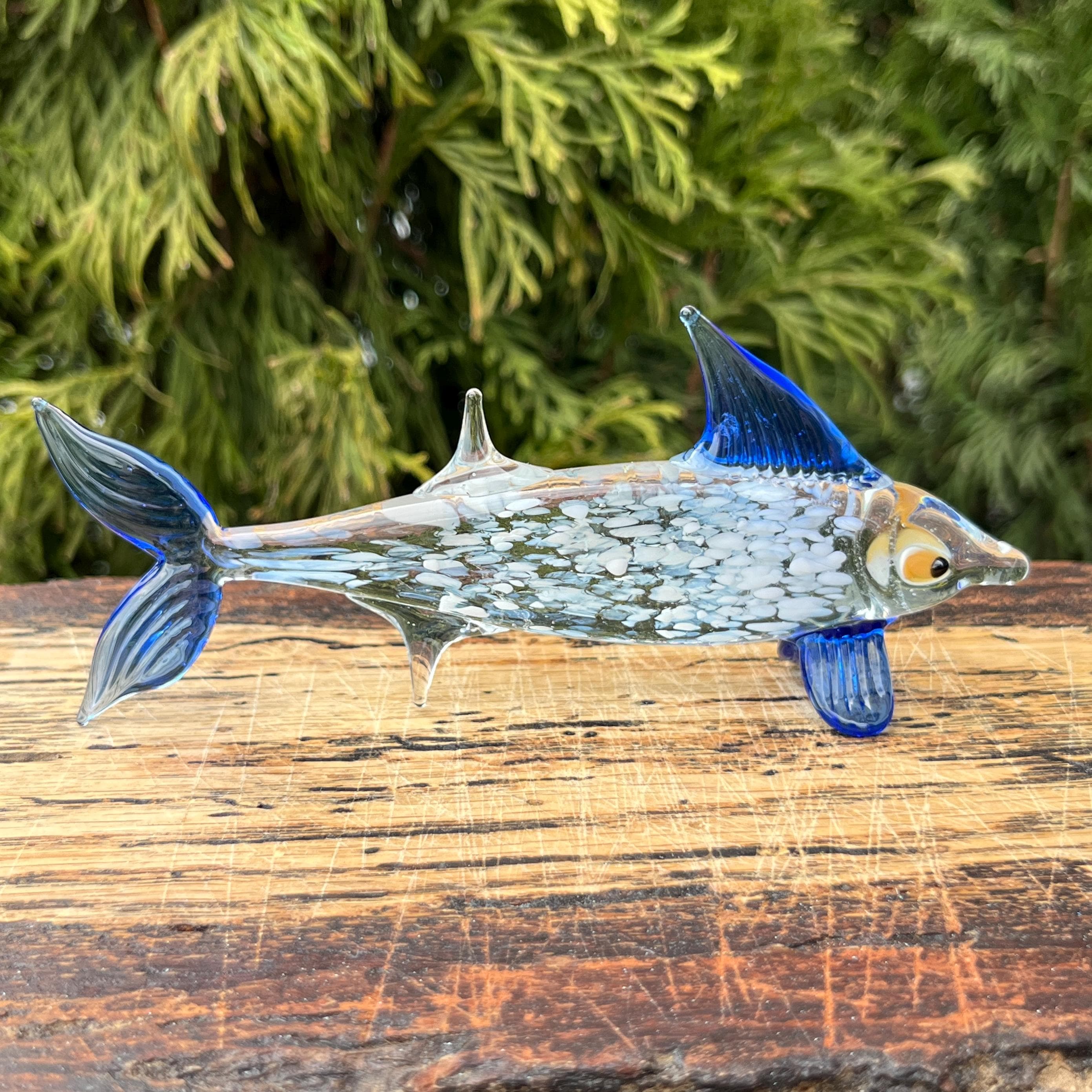 青いガラスの魚の置物 - ミニチュアアートガラス彫刻 - ムラーノ