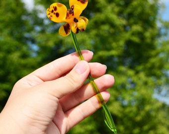 Yellow Glass Flower Figurine Blown Flower Sculpture Art Glass Flower Murano Long Stem Flower Garden Ornaments Decoration Collectible Glass