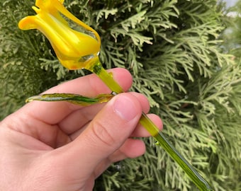 Yellow Glass Rose Figurine – Hand Blown Murano Style Flower – Romantic Gift for Mom – Forever Rose Decor