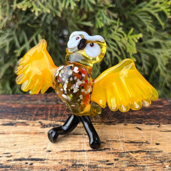 フクロウ ガラス 置物 黄色のガラスのフクロウの置物 ミニチュア手吹き