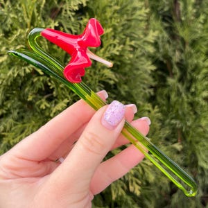 Red Blown Glass Flower Sculpture: Murano Style Bell with Long Stem