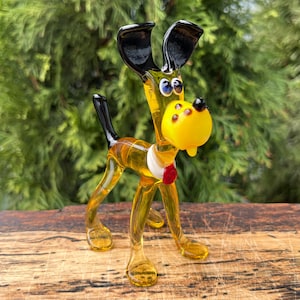 Yellow Glass Dog Figurine – Miniature Blown Glass Puppy – Murano Style Dog Sculpture – Tiny Animal Statue – Collectible Gift for Dog Lover