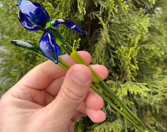 Blue Glass Iris Flower Figurine – Hand Blown Long Stem Flower – Floral Decor – Gift for Her