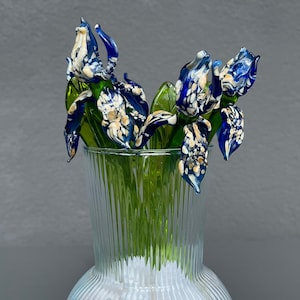 Blue Glass Iris Flowers Figurine – Blown Glass Iris Sculpture – Handmade Murano Floral – Garden Flower Decoration – Gift for Flower Lovers