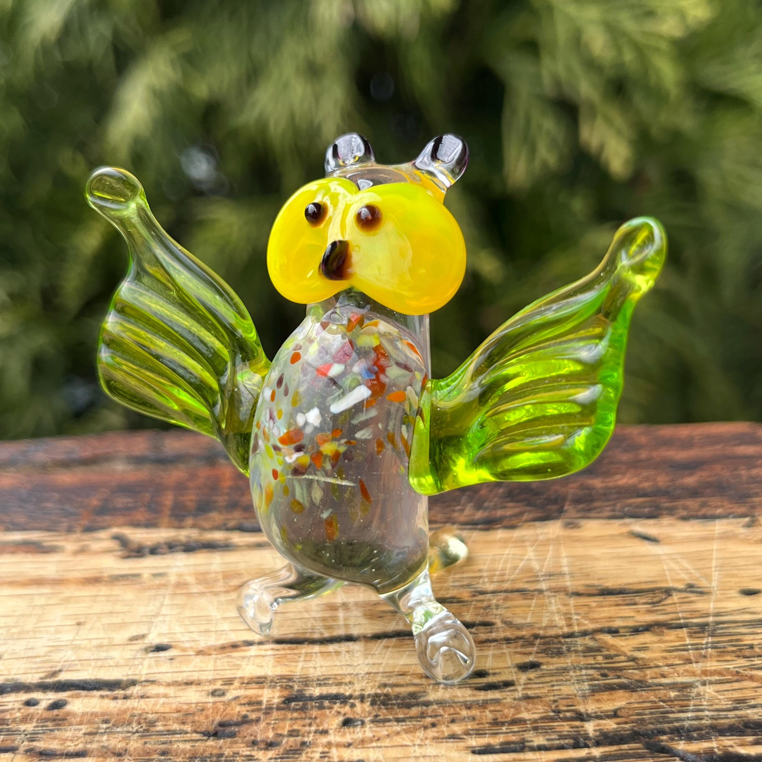 Green Glass Owl Figurine – Handmade Lampwork Mini Owl Sculpture