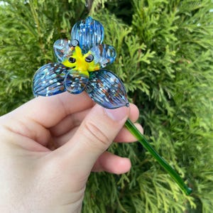 Blue Glass Flower Figurine – Blown Glass Floral Sculpture – Murano Style Flower Miniature – Blue Flower Decoration – Handmade Gift for Her