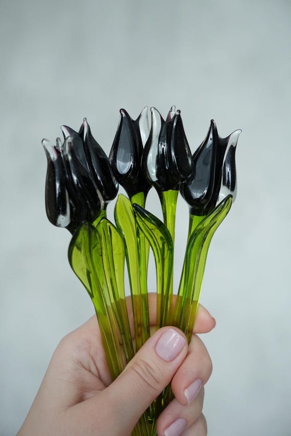 Schwarze Glas Tulpe Blume – Glas Geblasene Glas Blume auf Stiel – Gothic Blumen Dekor – Geschenk für Sie