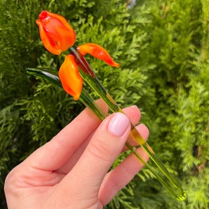 Flor de iris de vidrio naranja / Escultura de vidrio soplado a mano estilo Murano / Arte floral para jardín / Decoración única para el hogar de primavera / Regalo para ella y para mamá