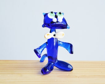 Blue Glass Cat Figurine Art Glass Cat Sculpture Collectible Murano Animals Blown Glass Cat Miniature Cat Lover Gifts Blue Glass Cat Statue