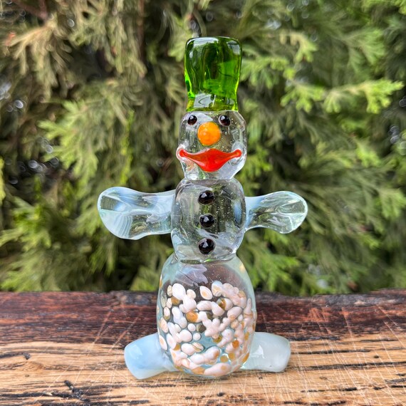 吹きガラスの雪だるまの置物：手作りのムラーノのクリスマス