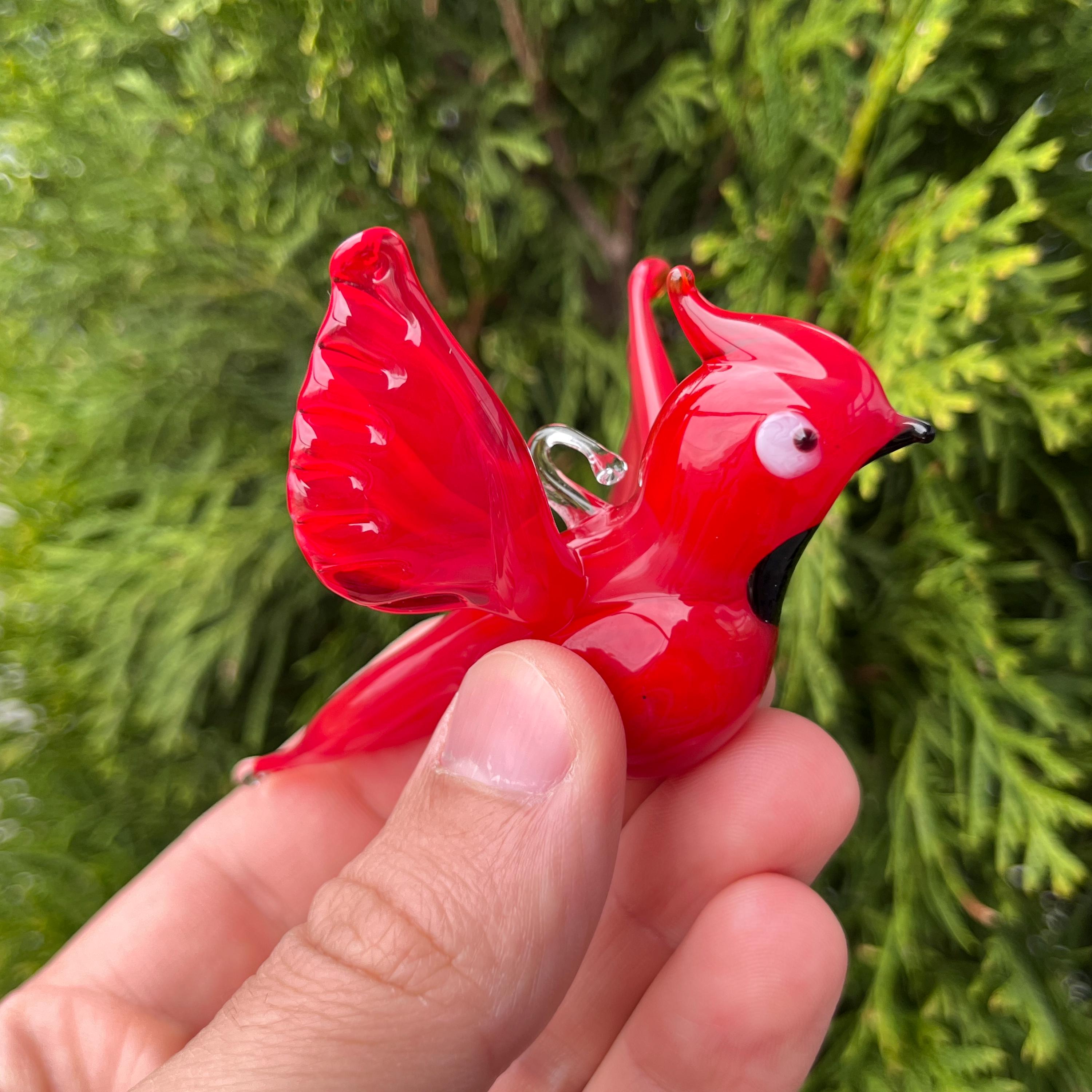 赤いガラスのカーディナルの置物 - 吹きガラスの鳥の彫刻 - ミニチュア