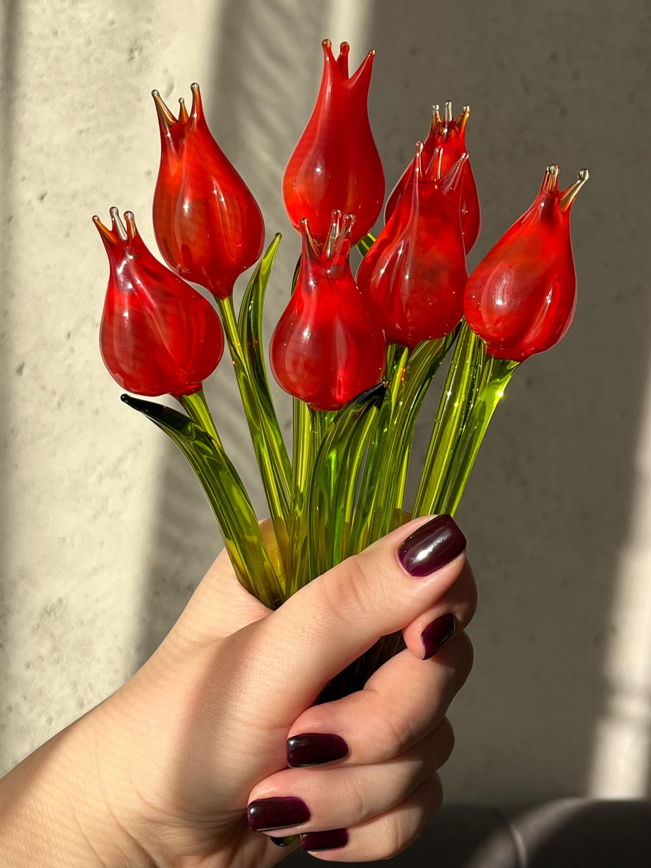 Red Glass Tulip Flower, Hand Blown Glass Flower Figurine, Murano