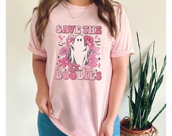 Save the Boobies T-Shirt, Breast Cancer Awareness T-Shirt, Halloween Pink Ribbon Ghost Shirt, October Breast Cancer Tee