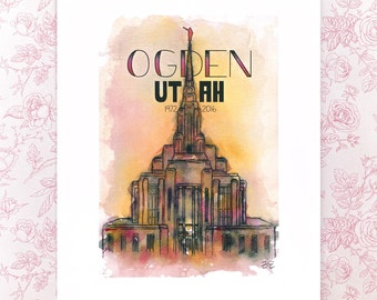 OGDEN UTAH Temple Watercolor Print, Unique Wedding Engagement Gift for Couple, Lds Missionary Gift, Religious Art, LDS Wall Art