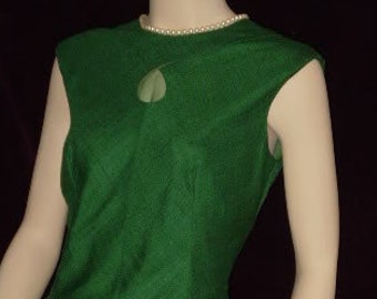 Vintage 50s F. Richard Frontman Couture Dress Medium Green Linen Key Hole Chest