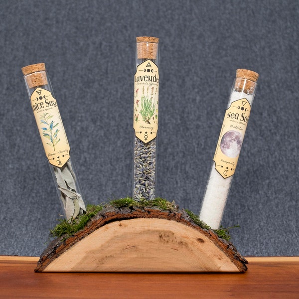 Handmade Walnut Wood Herb Holder with Lavender, Sea Salt, and White Sage