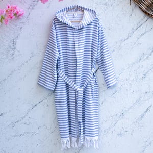 Roupão listrado azul e branco, tecido artesanal, turco, algodão, resort, leve, luxo, marinho, branco, cabana, náutico, macio, unissex, grosso, robe com forro felpudo