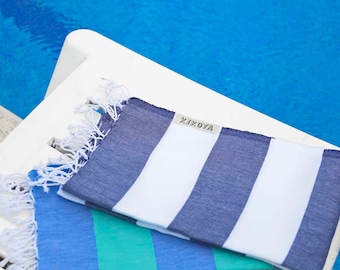 Cabana Stripe Style 100% Cotton, Pestemal Turkish Towel 39"x70" Size, Beach Bath Spa Sport Sarong Hammam Towel Kikoy Fouta (Navy/White)