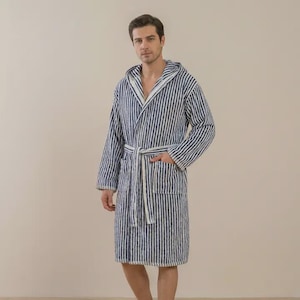 Handloomed Stripe Terry Texture Bathrobe Turkish Cotton Resort Heavy Luxury Navy White Pom Pom Vintage Strippy Soft Unisex Thick Robe