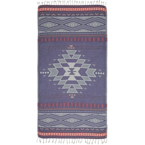 May include: A purple and white patterned beach towel with a geometric design. The towel has a fringe border.
