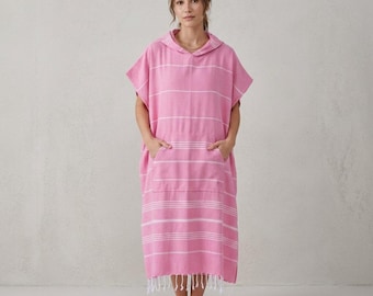 Poncho à capuche rayé pour adulte, 100 % coton