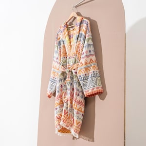Roupão de algodão turco tribal: robe quimono jacquard leve