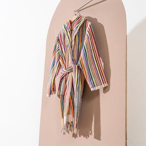 Handloomed Multicolor Stripe Terry Texture Bathrobe Turkish Cotton Resort Heavy Luxury Rainbow Pom Pom Vintage Stripy Soft Unisex Thick Robe