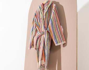Handloomed Multicolor Stripe Terry Texture Bathrobe Turkish Cotton Resort Heavy Luxury Rainbow Pom Pom Vintage Stripy Soft Unisex Thick Robe