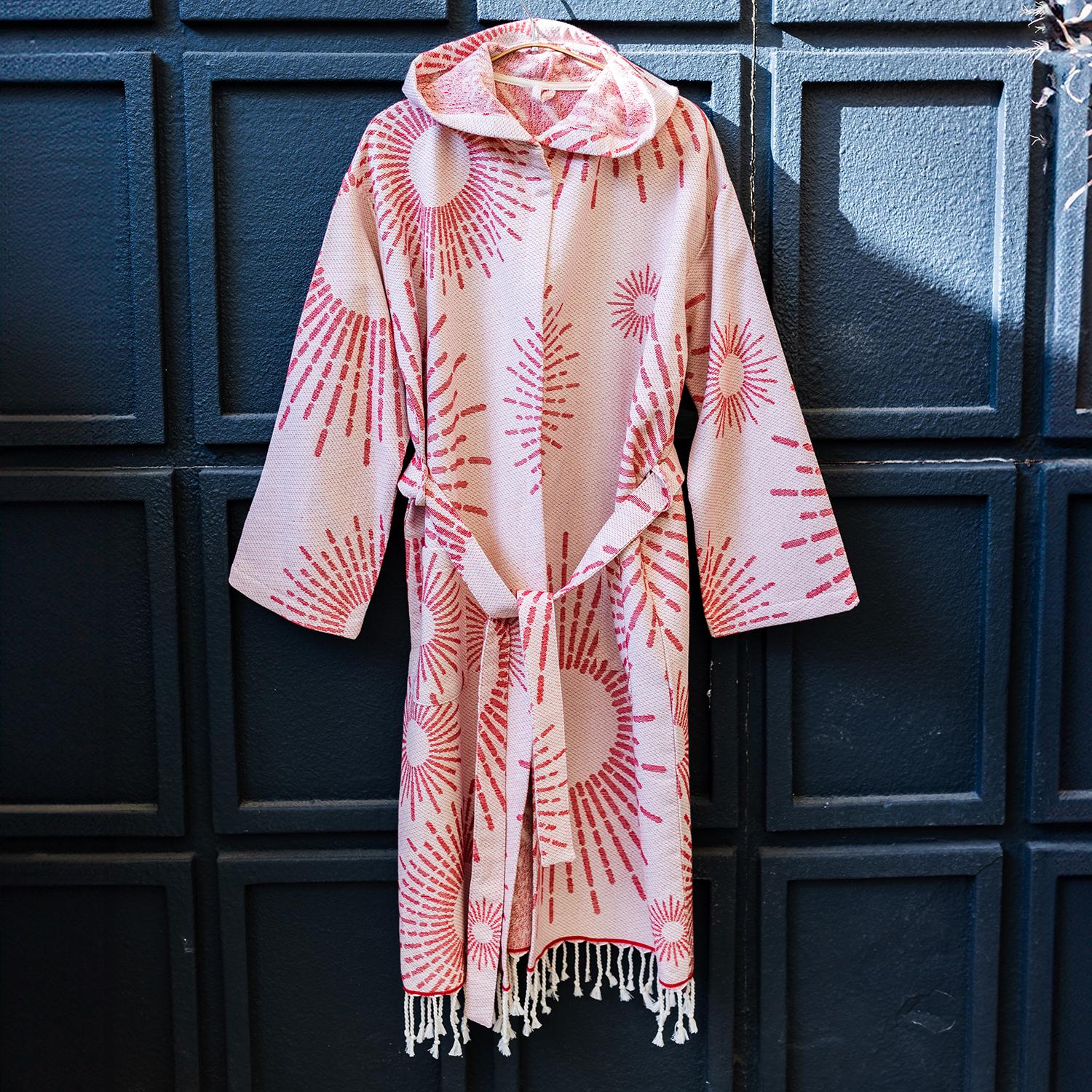 Sunburst Red Bathrobe Handloom Turkish Cotton Resort Light Luxury Sun bright Nautic Soft Unisex Thick Robe with Terry Backing