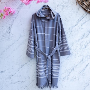 Roupão de banho com capuz de algodão turco cinza: Robe Resort Terry Luxe