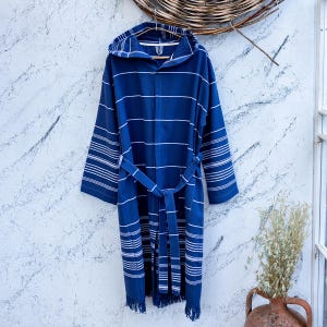Roupão de banho azul marinho turco algodão resort leve luxo liso natural branco náutico macio unissex grosso robe felpudo com costura exclusiva