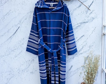 Navy Bathrobe Turkish Cotton Resort Light Luxury Plain Natural White Nautic Soft Unisex Thick Robe Terry Backing Exclusively Stitched