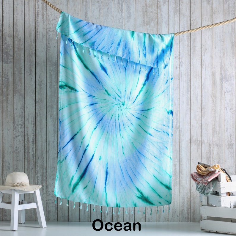 Beach Towel with Multicolored Tie-Dye Aesthetic, Blue and Green colored