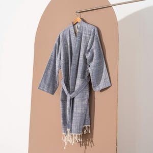 Roupão de banho azul antigo de algodão turco resort leve luxo marinho branco cabana náutico macio unissex grosso robe felpudo com costura exclusiva