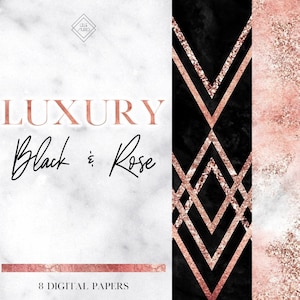 May include: A set of 8 digital papers featuring black and rose gold geometric patterns. The patterns include marble, diamonds, and stripes.