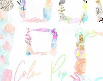May include: A collection of watercolor square frames in pastel colors, with gold glitter and abstract designs. The text "Color Pop FRAMES 12 CLIP ART ELEMENTS" is at the bottom. Ideal for digital art and design projects.