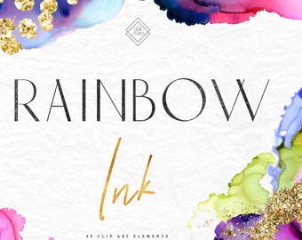 Rainbow Alcohol Ink Clipart: Vibrant Colorful Watercolor Brush Strokes & Shapes (PNG Digital Download)