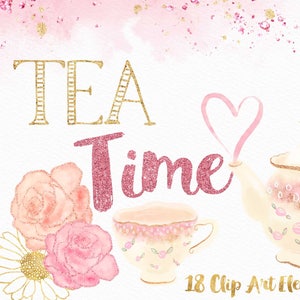 Tea Party Clipart - Tea Time Clip Art - Pink Gold Garden Party Graphics - Watercolor Rose Floral Teapot Birthday Invitation PNG Images