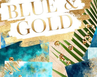 8 Blue and Gold Digital Papers: Watercolor with Shimmering Glitter Foil Textures