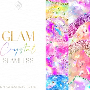 Puede incluir: Seis papeles digitales sin costuras con un diseño de cristal glamuroso. Los papeles presentan una gama de colores rosa, azul y amarillo con detalles de purpurina dorada.