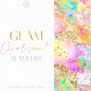 Glam Opalescent Seamless Digital Paper: Colorful Rainbow Opal Glitter Background Patterns (JPG Download)