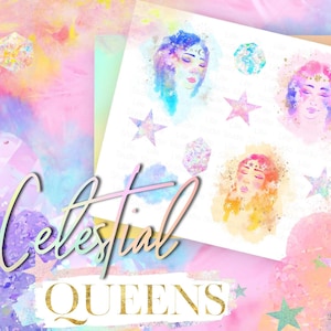 Galaxy Astrology Clipart - Space Planner Girl Clip Art - Crystal Sun Moon Star Graphics - Horoscope Digital Border - Colorful PNG Frame