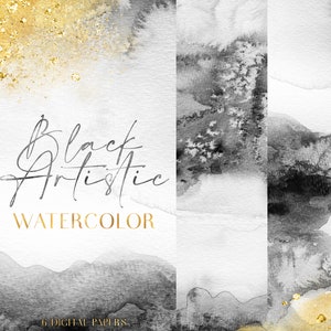 Black Grey Watercolor Digital Paper Background - Gray Water Color Splash JPG Design - Artistic Texture Backgrounds For Canva Instagram