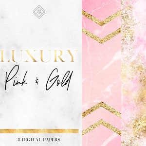 Glam Pink Gold Marble Digital Paper - Geometric Luxury Background - Abstract Pastel Glitter Papers - Chic Modern Watercolor Backgrounds